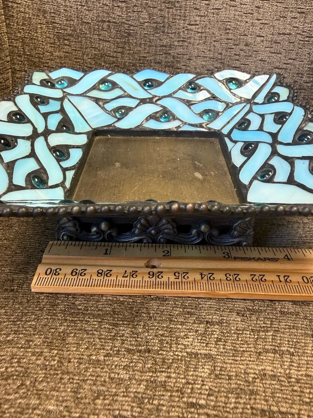 Retired PartLite Spring Water Pillar Candle Holder Tiffany-Style Blue Glass
